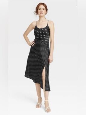 a new day Black Polka Dot Slip Midi Dress with Side Slit